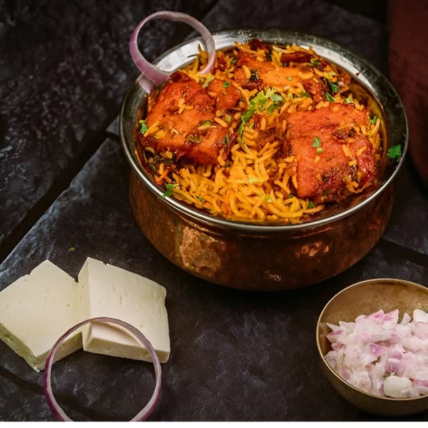 Indian chicken biryani in a copper pot, with paneer, chopped onions, and an onion ring.