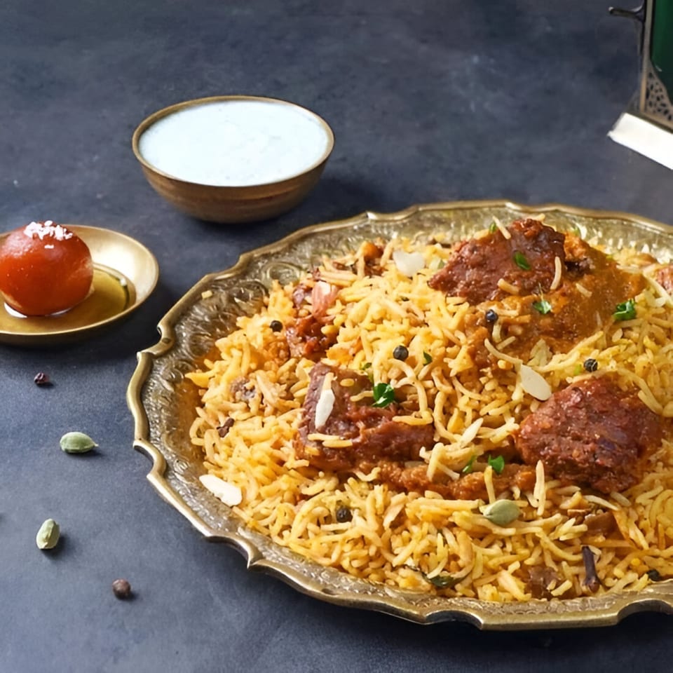 Indian biryani with meat, rice, nuts, and spices on a gold platter, with raita and gulab jamun.