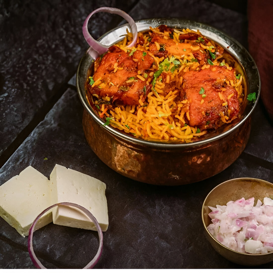 Indian chicken biryani in a copper pot, with paneer and chopped onions on a dark surface.