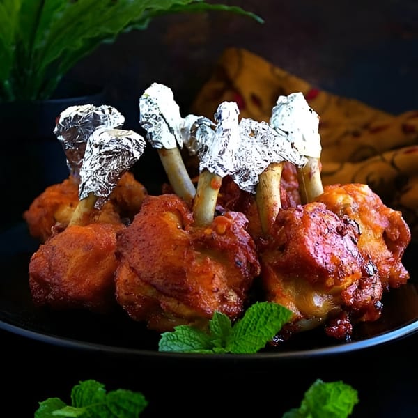 Wok & Sizzle's Indian chicken lollipops with foil-wrapped bones and mint garnish on a black plate.